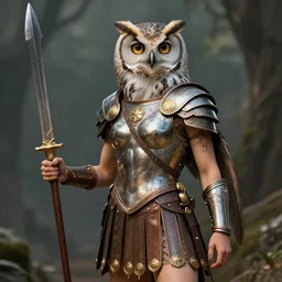 female owlkin!! female birdfolk!!! anthro!!!!!! avian, bird, owl!!! roman armor, Lorica segmentata! subject holding gladius!