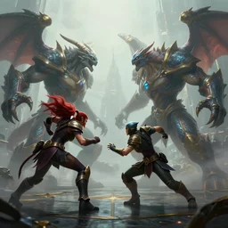 hyperrealism fantasy creatures fight scene with characters from league of legends portrait, digital art, wallpaper of an fantasy fight, background of sci fi city in fog, diffused lighting, extremely detailed, 8 k, sharp, trending dop hdr, reflection detailed