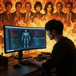 dark cyberpunk man coding, on screen robot schemed, by ayami kojima, by francis bacon, by amano, by karol bak, greg hildebrandt, by mark brooks, by alex grey, by zdzisław beksinski, by takato yamamoto, wrapped thermal background, artstation, 8 k