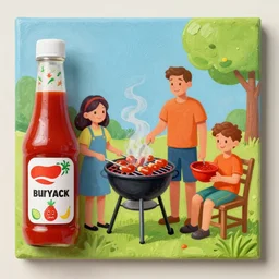 a painting of a family BBQ, made using ketchup, bright colors, smoothed, upscaled, 4k