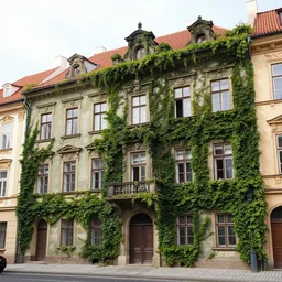 a professional color photo of a prague without humans, prague with nature returning to the city, abandonned prague buildings mildly covered with ivy, humans suddenly dissapeared, detailed photo, fine detail, iphone 4 k
