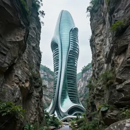 a realistic canyon with jade futuristic brutalist architecture by eytan zana and ruan jia 4 k, hyperdetailed, sharp focus, global illumination