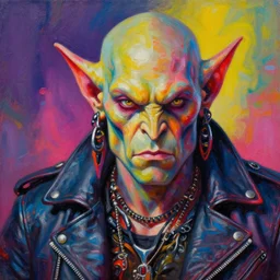 detailed portrait of an apocalyptic scifi orcish biker character posing for a professional photo, psychedelic vibrant colors, punk rock fashion, oil painting by michael whelan art, perfect face, sharp focus, detailed eyes, realistic, leather jacket, 8 k