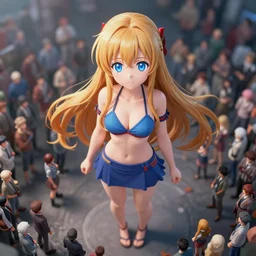 seen from above : a giant macro very beautiful young yuuki asuna, full body, long wavy hair, sky blue eyes, full round face, bikini, miniskirt, standing in the middle of a miniature crowd, cinematic wallpaper by stanley artgerm lau