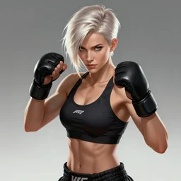 a highly detailed illustration of short haired platinum blonde woman wearing black mma bra and gloves, dramatic muay thai fight stance pose, muscular, intricate, elegant, highly detailed, centered, digital painting, artstation, concept art, smooth, sharp focus, league of legends concept art, WLOP