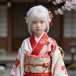 beautiful albino Asian girl kid in a fancy kimono, unreal engine octane, red and white,  gliter, depth of field, 8k, hyper detailed, trending on artstation