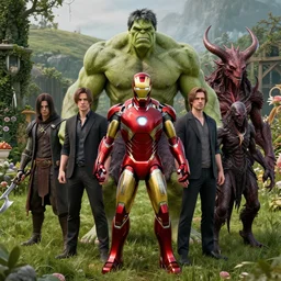 portrait of marvels ( ( ( ironman ) ) ) hulk by hr giger, greg rutkowski, luis royo and wayne barlowe as a diablo, resident evil, dark souls, bloodborne monster, elden ring creature : : [ in a garden, grassy field, large field in the background ]