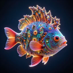 a hyperrealistic 3 d octane render of a fish made entirely of gigantic mandelbrot fractals, unreal engine, dramatic lighting, volumetric lighting, backlit, vray lighting, ray tracing, ultra detailed, photorealism, neon, glowing