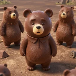 The last chocolate bear soldier to survive a war between two bear villages. Pixar Style. Studio photographic portrait, medium shot, overhead view, trending on artstation, 4k ultra hd, super detailed, octane render,
