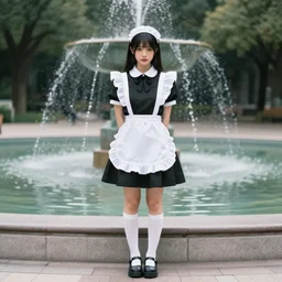 a full body portrait of a young woman in black and white maid uniform standing in front of a fountain in a park, 8k, cinematic, photo taken with Sony a7R camera, by William-Adolphe