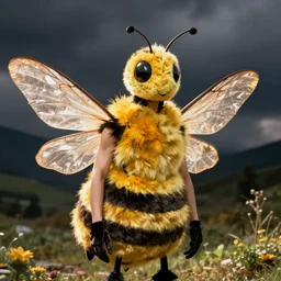 k-pop idol with bumble bee costume and real insect wings, and an insect's head