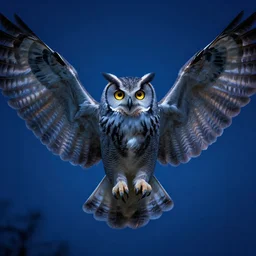 concept art, sharp focus, illustration, artstation, cinematic lighting, highly detailed, portrait of a gray owl attacking with spreaded wings, album cover art, blue night lighting, bright golden eyes in the night, cgsociety, alphonse mucha, digital painting, art by artgerm and greg rutkowski, symmetrical
