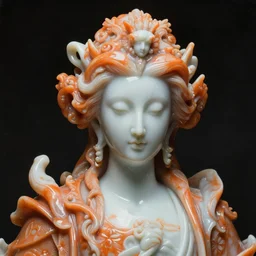 a dark baroque close - up portrait of an ornate orange and white porcelain being made out of white sci - fi vitrified translucent ceramic marble ; china. reflective detailed textures. gloomy black background. highly detailed fantasy science fiction painting by moebius, norman rockwell, frank frazetta, and syd mead. rich colors, high contrast. artstation