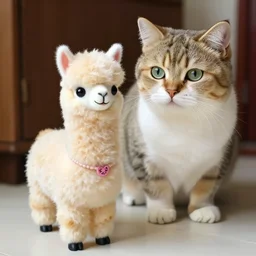 a very cute miniature llama next to a house cat
