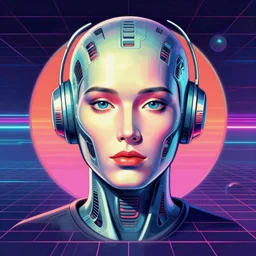 centre portrait of an artificial intelligence in future!! symmetry, retro 8 0 s style, colourful, accurate, realistic illustration, art by peter elson