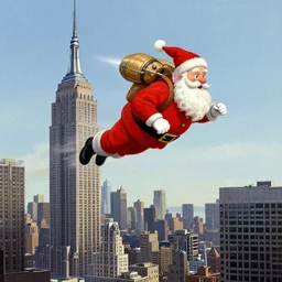 Santa buzzing/flying past the empire state building whilst wearing his jetpack greg rutkowski giorgio de chirico john currin clarence holbrook carter mark ryden simon stalenhag
