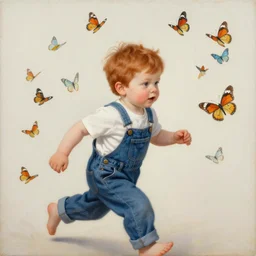 a three year old boy with ginger hair wearing denim overalls chasing butterflies. clean elegant painting, beautiful detailed face, lots of butterflies. by magali villanueve and artgerm and greg rutkowski