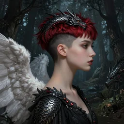 cinematic side portrait angel girl, fantasy forest landscape, dragon scales in hair, fantasy magic, undercut hairstyle, short red black fade hair, dark light night, intricate, elegant, sharp focus, illustration, highly detailed, digital painting, concept art, matte, art by WLOP and Artgerm and Greg Rutkowski and Alphonse Mucha, masterpiece