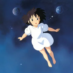 full body portrait of a young girl drifting away in space views from a distance, colorful, cute face by makoto shinkai, mai yoneyama, murata range, yoshitoshi abe, dynamic pose, ( kyoani ), rounded eyes, illustration, christopher balaskas, anime poster, mads berg, textured, shading