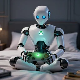 a portrait of a robot playing a game on xbox while sitting on a bed highly detailed digital art
