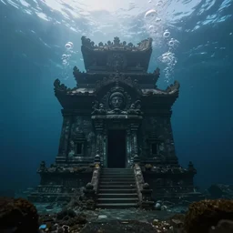 full color, wide shot of submerged pre - incan temple, dark, underwater, symmetrical, crepuscular rays, bubbles, abyss, grenada underwater statue park, anime style mixed with fujifilm, very dark, murky, foggy, atmospheric, artstation, cgsociety, octane render, cgi, unreal engine 5, denoise, detailed, cinematic masterpiece