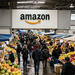 amazon warehouse as informal settlement, big crowds, wet market, fruit stands, eye level, amazon logo signage