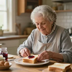 in a cozy kitchen, a sweet kind grandma in victorian clothes is preparing a sandwich with jam on the table, realistic light, soft light, focus, depth of field, photorealism, 8 k quality, full quality, realistic style