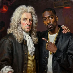 a neoclassical portrait of sir isaac newton and tupac shakur, chillin at the club together, oil on canvas, brilliant detail