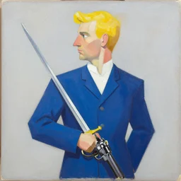 greg manchess portrait painting of a blond man in a blue suit with a sword and a pistol, asymmetrical, profile picture, organic painting, sunny day, matte painting, bold shapes, hard edges, street art, trending on artstation, by huang guangjian, gil elvgren, ruan jia, randy vargas, greg rutkowski