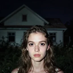 blurry night vision film portrait photo of a beautiful girl with three black eyes in an abandoned house at night by Gregory Crewdson, wide angle closeup, 4k
