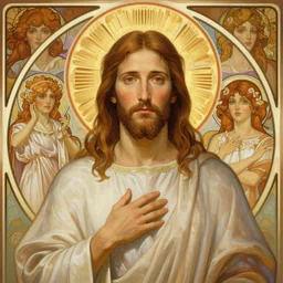 handsome jesus, half body shot, path traced, holy circle, highly detailed, high quality, digital painting, alena aenami, lilia alvarado, shinji aramaki, karol bak, alphonse mucha, tom bagshaw