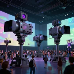 animated film festival, giant cameras, psychadelic cameras and projectors, projection screens, metaverse crowds, 3 d render, in the style of kaws and peter mohrbacher