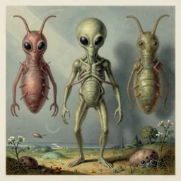 alien parasite scientific illustration by Ernst Haekel, color illustration with orthographic views
