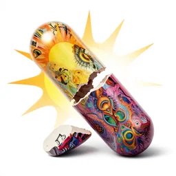 a pill capsule breaking apart into sunburst, psychedelic, mixed media collage, by nat girsberger and hannah hoch
