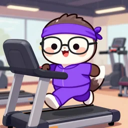 epic professional digital cartoon illustration of a cute and adorable smiling cartoon anteater with glasses and a purple sweatband, wearing a purple sweatsuit, running on a treadmill in a gym, best on artstation, cgsociety, Behance, cosmic, epic, stunning, gorgeous, flat art, much wow, masterpiece