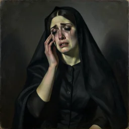 This painting was painted in 1937 during the Guerra Civil Española. The woman in the painting is weeping. She is wearing a black dress and a black veil. Her face is distorted by grief. The painting is dark and somber.  by Alice Neel rhythmic