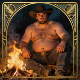 an ethereal art deco painting of a rugged handsome thicc shirtless man with a beer belly and cowboy hat sitting by a campfire.
