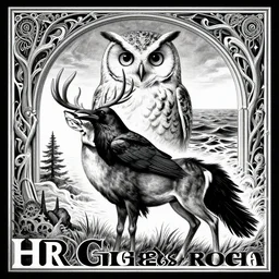 psychedelic, monochrome artwork!!, of a single raven and deer combined, in front of an owl that is a window into the ocean, typography by hr giger and james jean and andreas rocha,