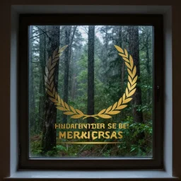 a window with a view of a rainy european forest outside,it's getting dark, beautful view,winning award photo,4k