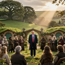a beautiful wide shot of donald trump giving speech to the hobbits, the panorama of middle earth in the background, intricate detail, god rays, photography, volumetric light, cinematic, 8 k