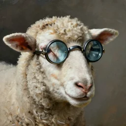 closeup portrait of a sheep wearing a monocle, by ilya repin