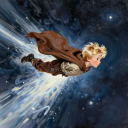 blonde boy wearing a brown cape and flying in t pose, space background, energy beam, brush strokes, greg rutkowski