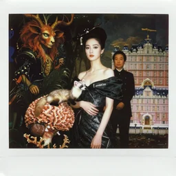 instax of Lady with an Ermine from Vogue editorial fashion photography, dressed by Givenchy and Salvatore Ferragamo, haute couture painted by Andrea Pozzo, still frame of Pan's Labyrinth and Prometheus and Grand Budapest Hotel by Guo Jian and Yue Minjun, in lush brain coral femur by Javier Medellin Puyou, background by Marc Adamus