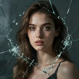 photorealistic woman behind cracked window of glass, stunning detail, hyperreal rendering, octane render, highly detailed, cinematography atmosphere, dramatic, 4 k
