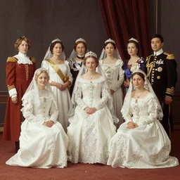 a wide full shot, colored russian and japanese mix historical fantasy of a photograph taken of the royal bridesmaids, photographic portrait, warm lighting, 1 9 0 7 photo from the official wedding photographer for the royal wedding.