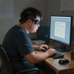 an insanely detailed painting of a slightly chubby, nerdy asian man wearing a superhero costume and mask, sitting at a desk, staring at the nervously at the computer and typing, in the style of peter mohrbacher, dramatic lighting and composition, octane render, trending on artstation, concept art, comic book, view from behind