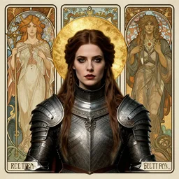 Elisha Cuthbert as a Gothic warrior, intricate medieval armour, masterpiece centred symmetrical portrait, rule of thirds, shoulders and head, art nouveau tarot style, golden halo, by Edgar Maxence, Ross Tran, distaw Beksinski, Michael Whelan, gustav dore, H.R. Giger, and Mucha, 8k, octane render