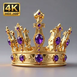 a golden crown with purple jewels, perfect compsition, 8k, 4k, HD, hyperrealistic, unreal engine