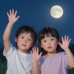 portrait painting of cute little kids waving their hands, dreamy matte colors, night time, photorealistic faces and skin tones, volumetric lighting, smooth, trending on artstation, moonlit backdrop, 4 k