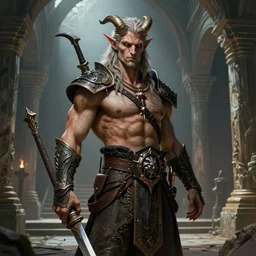 a highly detailed color portrait of a male tiefling standing in old temple, cinematic horror fantasy art, character art, bodybuilding, pathfinder, art by michael whelan, frank frazetta, tim hildebrandt, gerald brom, keith parkinson